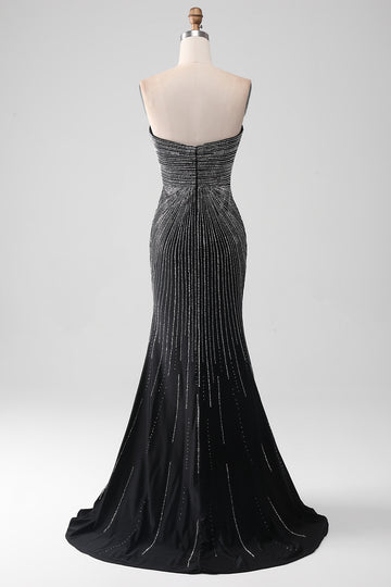 Sparkly Black Strapless Beaded Mermaid Prom Dress with Slit